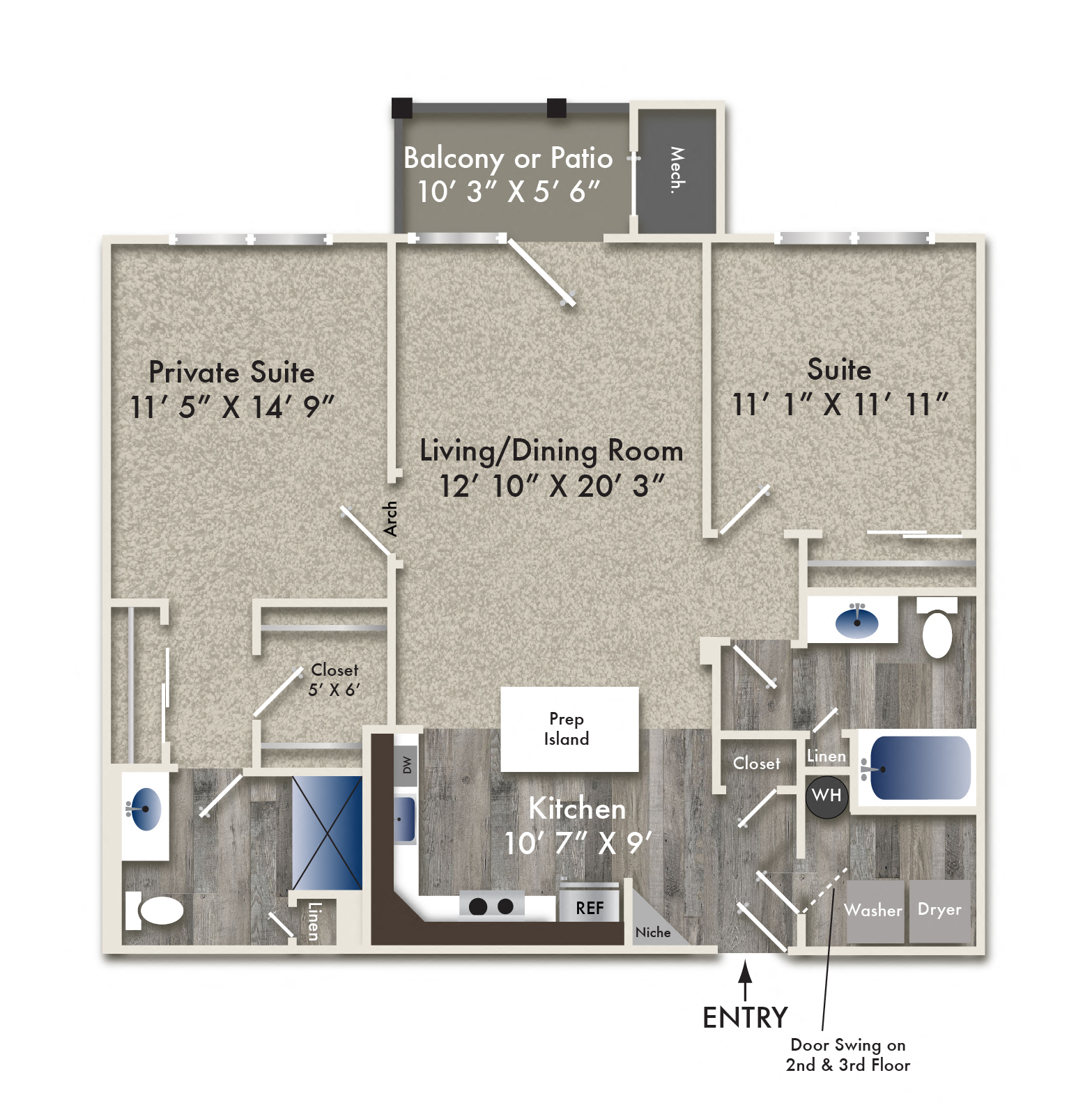 Floor plan for 2 beds, 2 baths, 1121 sqft
